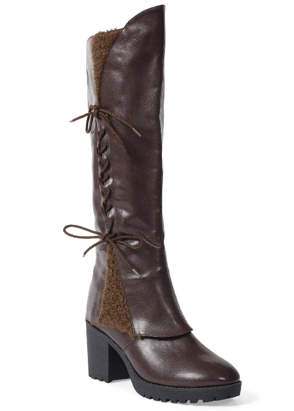women's booties with combat styleSherpa Lace-Up Calf Boots - Dark Brown