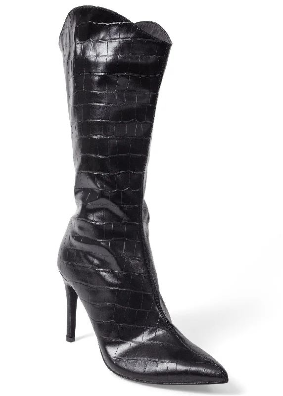 women's booties for springCroc Embossed Faux Leather Boots  - Black