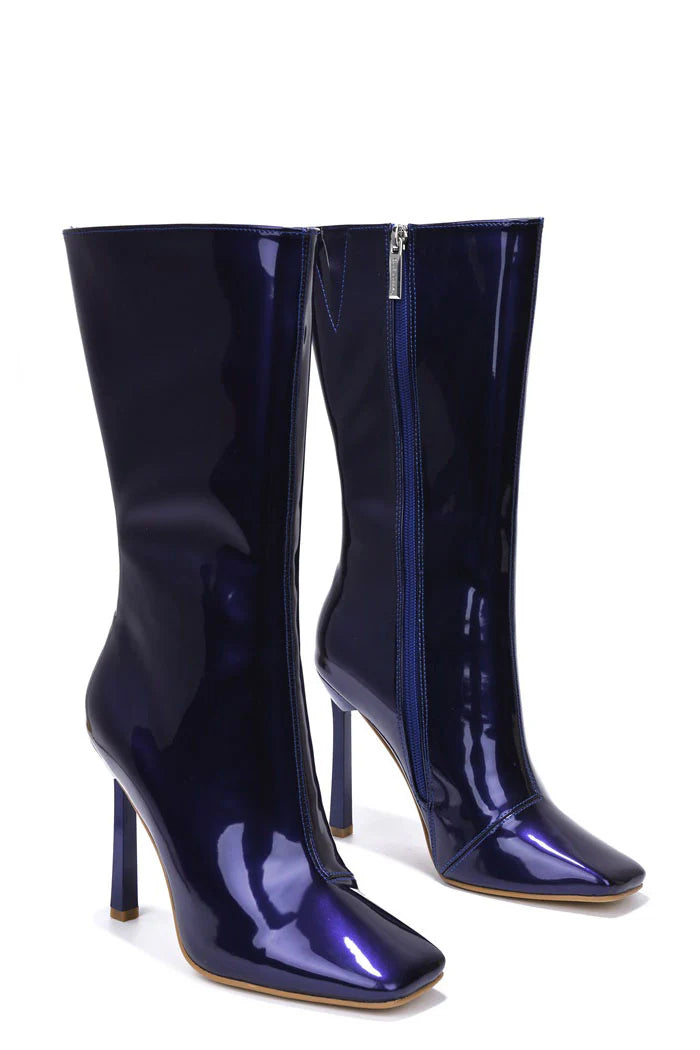 women's booties with metallic finishLUCIENE Royal Purple Blue Faux Patent Leather Boot - Inner Zipper Closure women's booties with metallic finishLUCIENE Royal Purple Blue Faux Patent Leather Boot - Inner Zipper Closure
