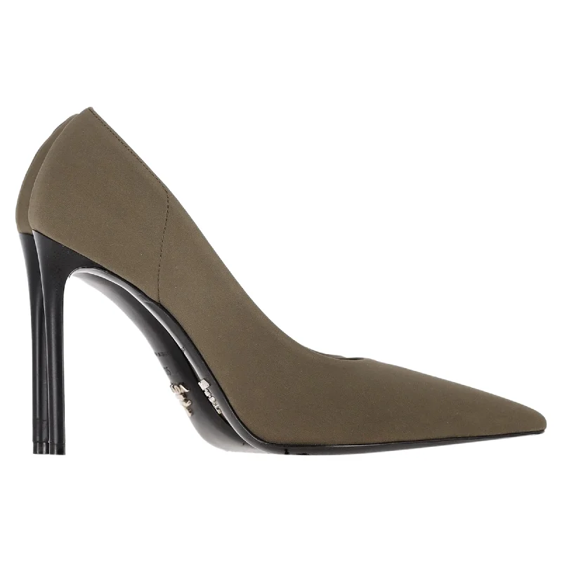 Women's lavender stiletto heel pumps for a delicate stylePrada Logo Plaque Pointed-Toe Pumps in Olive Suede