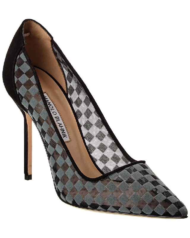 Women's pointed - toe slingback stiletto heel pumps in a peep - toe designManolo Blahnik BBLA 105 Mesh & Suede Pump