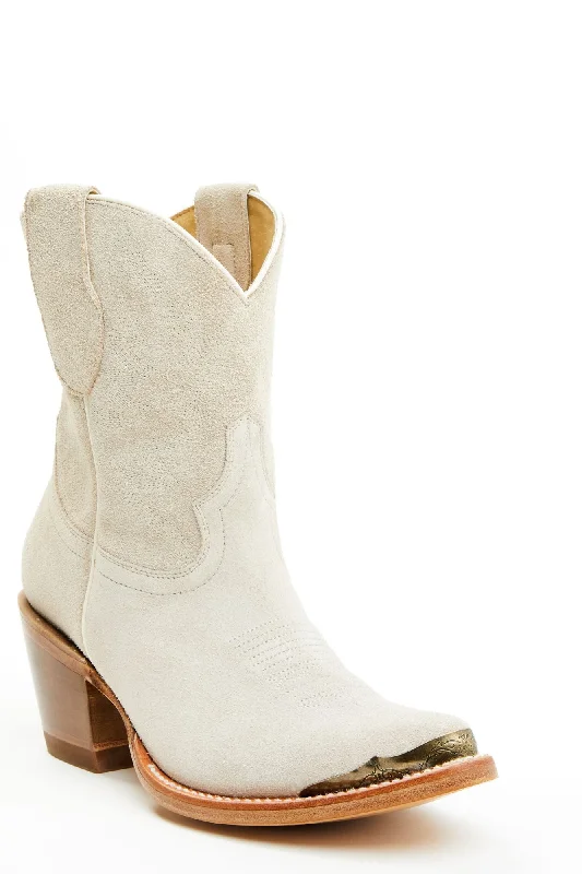 women's heeled bootiesWheels Ivory Suede Western Booties - Round Toe
