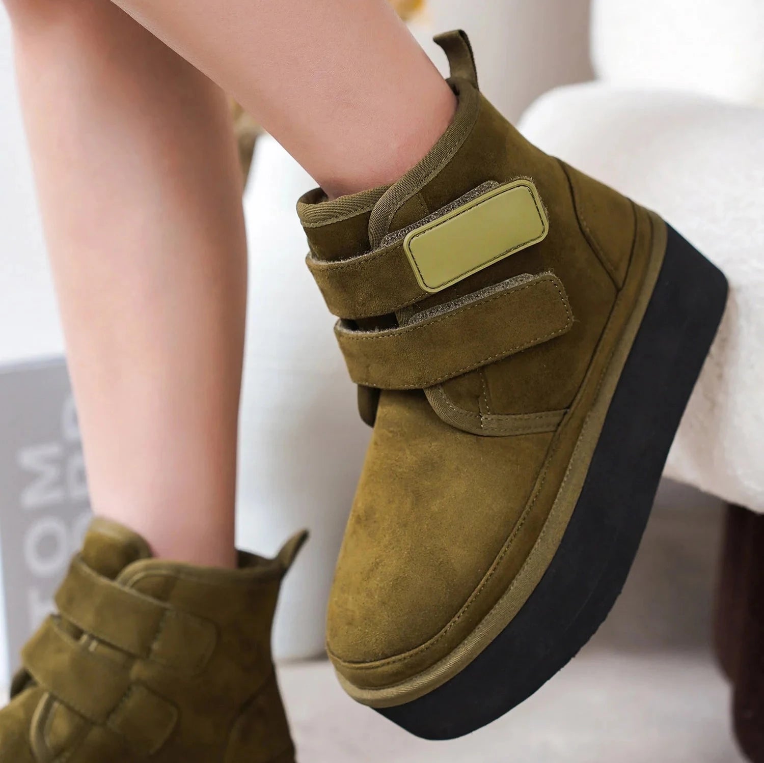 women's booties for petite womenFELIA Olive Faux Suede Strap Closure - Faux Fur Lining women's booties for petite womenFELIA Olive Faux Suede Strap Closure - Faux Fur Lining