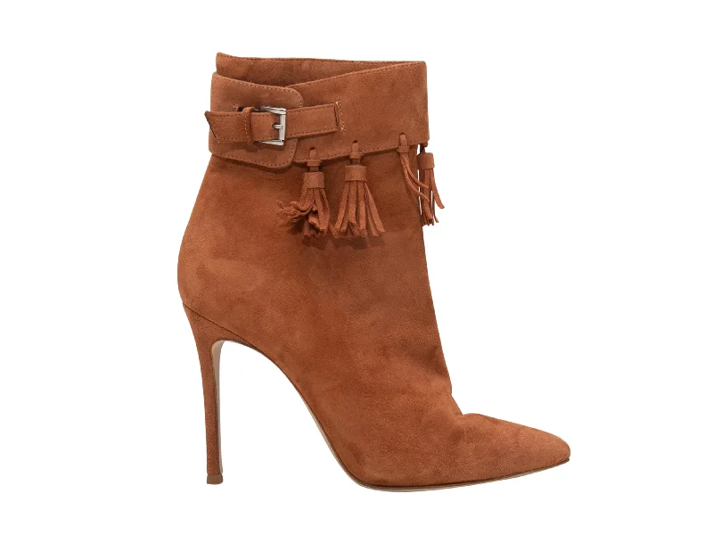women's booties for wide calvesTan Thomas Wylde Suede Pointed-Toe Tassel Ankle Boots Size