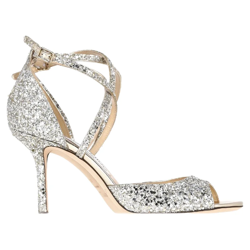 Women's genuine leather stiletto heel pumps with a soft finishJimmy Choo Emsy 85 Sandals in Champagne Glittered Leather Women's genuine leather stiletto heel pumps with a soft finishJimmy Choo Emsy 85 Sandals in Champagne Glittered Leather