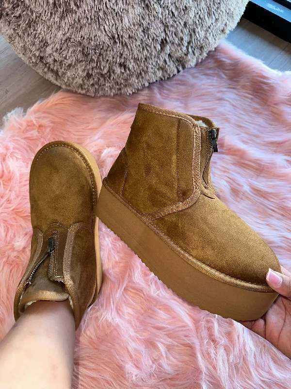 women's booties for springMIANE Camel Tan Faux Suede Zip Up Bootie - Faux Fur Lining