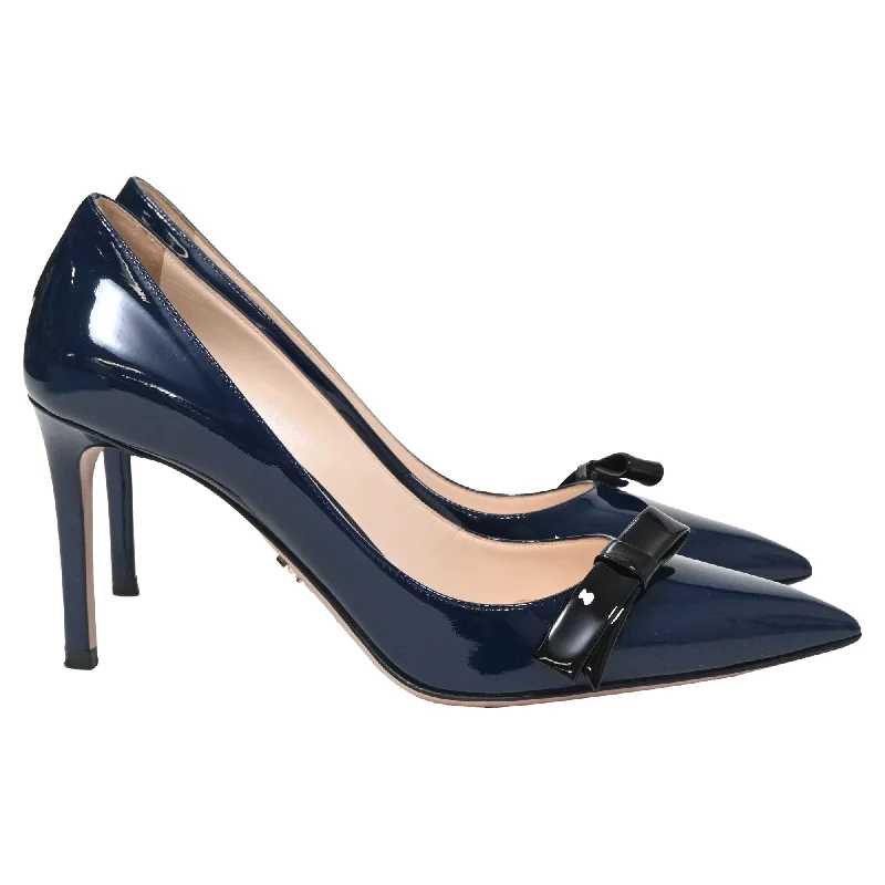 Women's shock - absorbing stiletto heel pumps for all - day wearPrada Bow Detail Pointed Pumps in Navy Blue Patent Leather Women's shock - absorbing stiletto heel pumps for all - day wearPrada Bow Detail Pointed Pumps in Navy Blue Patent Leather