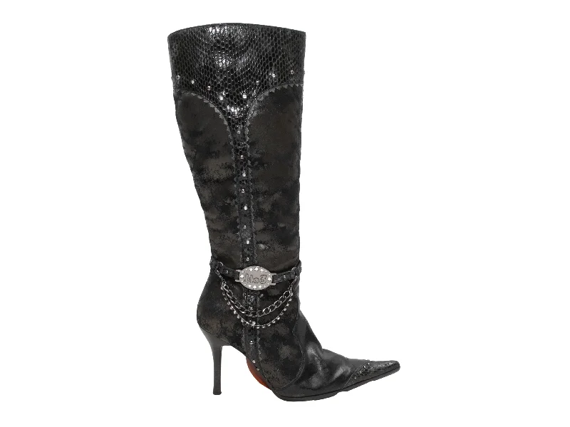 women's booties for tall womenBlack 1 To 3 Leather & Snakeskin Pointed-Toe Knee-High Boots Size 38 women's booties for tall womenBlack 1 To 3 Leather & Snakeskin Pointed-Toe Knee-High Boots Size 38