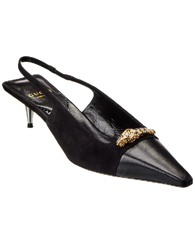 Women's mule - style stiletto heel pumps with a bow accentGucci Tiger Head Leather & Suede Slingback Pump Women's mule - style stiletto heel pumps with a bow accentGucci Tiger Head Leather & Suede Slingback Pump