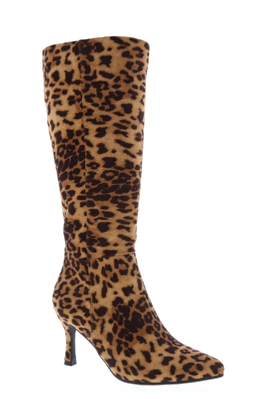 women's heeled bootiesKAYLEE-1 Leopard Print Faux Suede Knee-High Boot