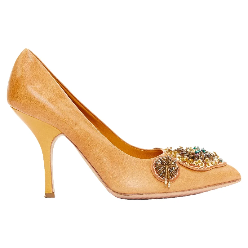Women's velvet - covered stiletto heel pumps for a luxurious lookMiu Miu Vintage tan nude bead embellished kitten pumps