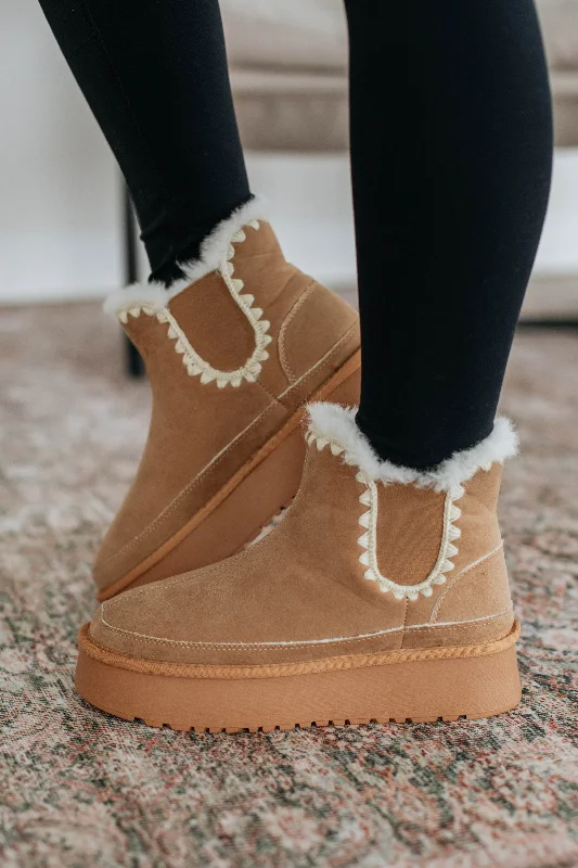 women's booties with chukka styleSlowing It Down Platform Boots - Camel