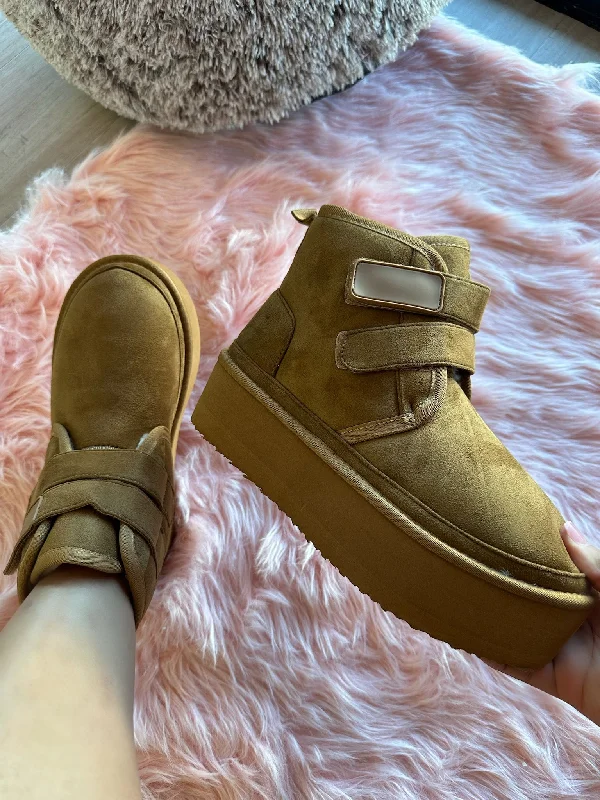 women's booties with peep toeFELIA Camel Tan Faux Suede Strap Closure - Faux Fur Lining women's booties with peep toeFELIA Camel Tan Faux Suede Strap Closure - Faux Fur Lining