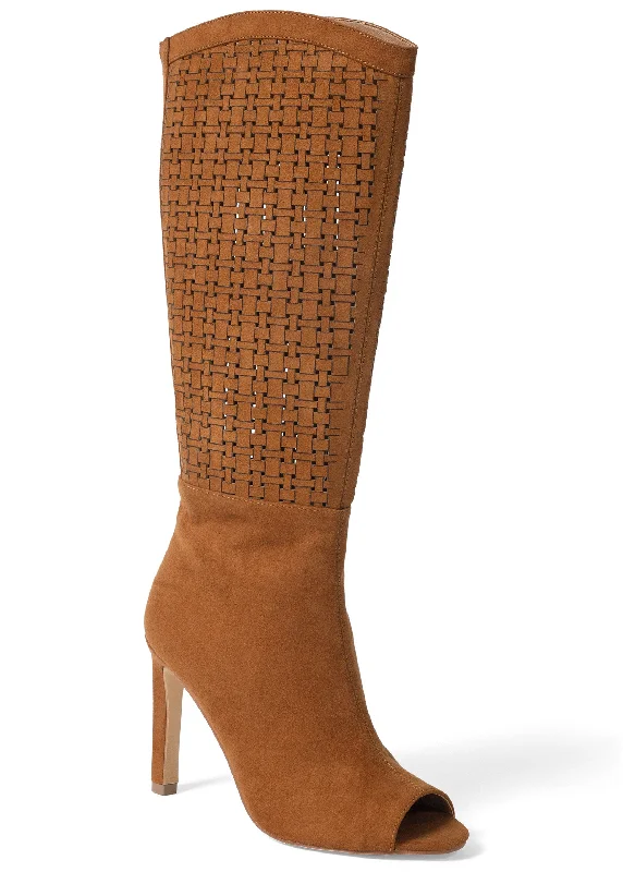 women's booties with quilted patternLaser Cut Faux Suede Boots  - Cognac