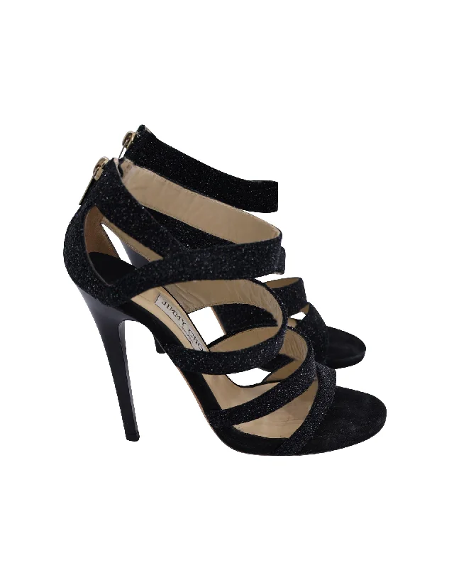 Women's ankle - strap stiletto heel pumps with a cut - out detailJimmy Choo Strappy Sandals in Black Glitter Women's ankle - strap stiletto heel pumps with a cut - out detailJimmy Choo Strappy Sandals in Black Glitter