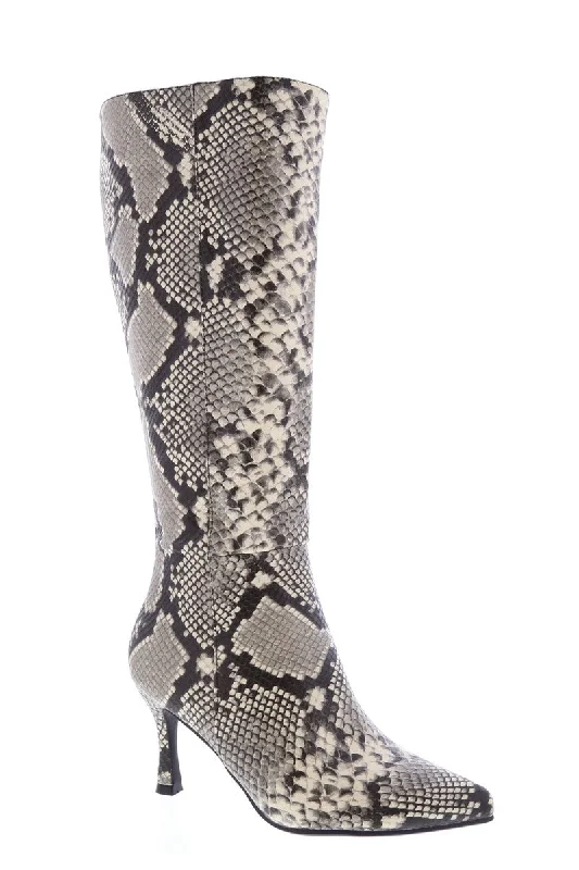 women's booties with bucklesKAYLEE-1 Beige Faux Snake Knee-High Boot