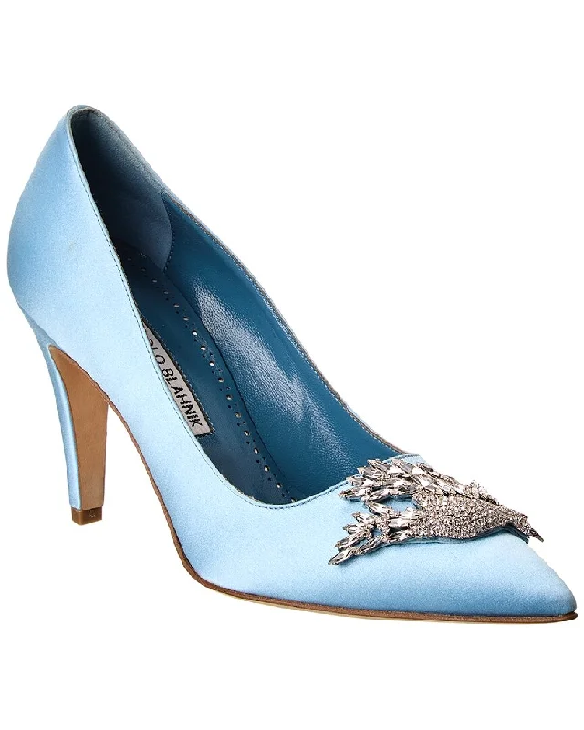 Women's wedding stiletto heel pumps with a pearl - encrusted strapManolo Blahnik Palos 90 Satin Pump Women's wedding stiletto heel pumps with a pearl - encrusted strapManolo Blahnik Palos 90 Satin Pump
