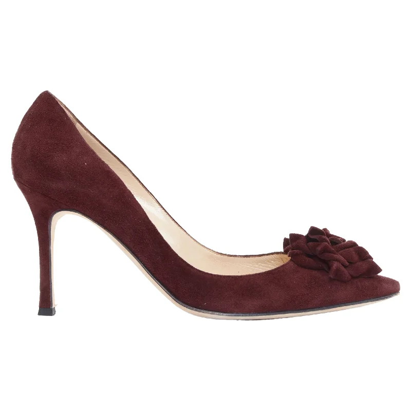 Women's patent leather stiletto heel pumps with a high - shine finishManolo Blahnik Lisa burgundy suede flower applique pumps