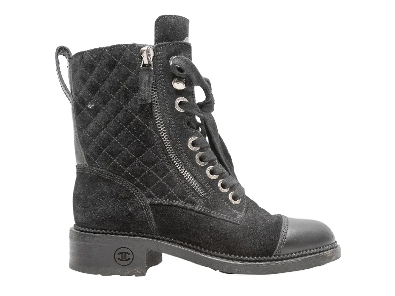 women's booties for fashionBlack Chanel Quilted Suede Cap-Toe Combat Boots Size 35
