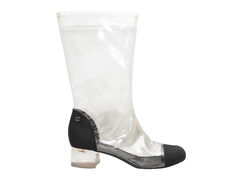 women's booties for wide calvesClear & Black Chanel PVC & Grosgrain Cap-Toe Boots Size 39 women's booties for wide calvesClear & Black Chanel PVC & Grosgrain Cap-Toe Boots Size 39