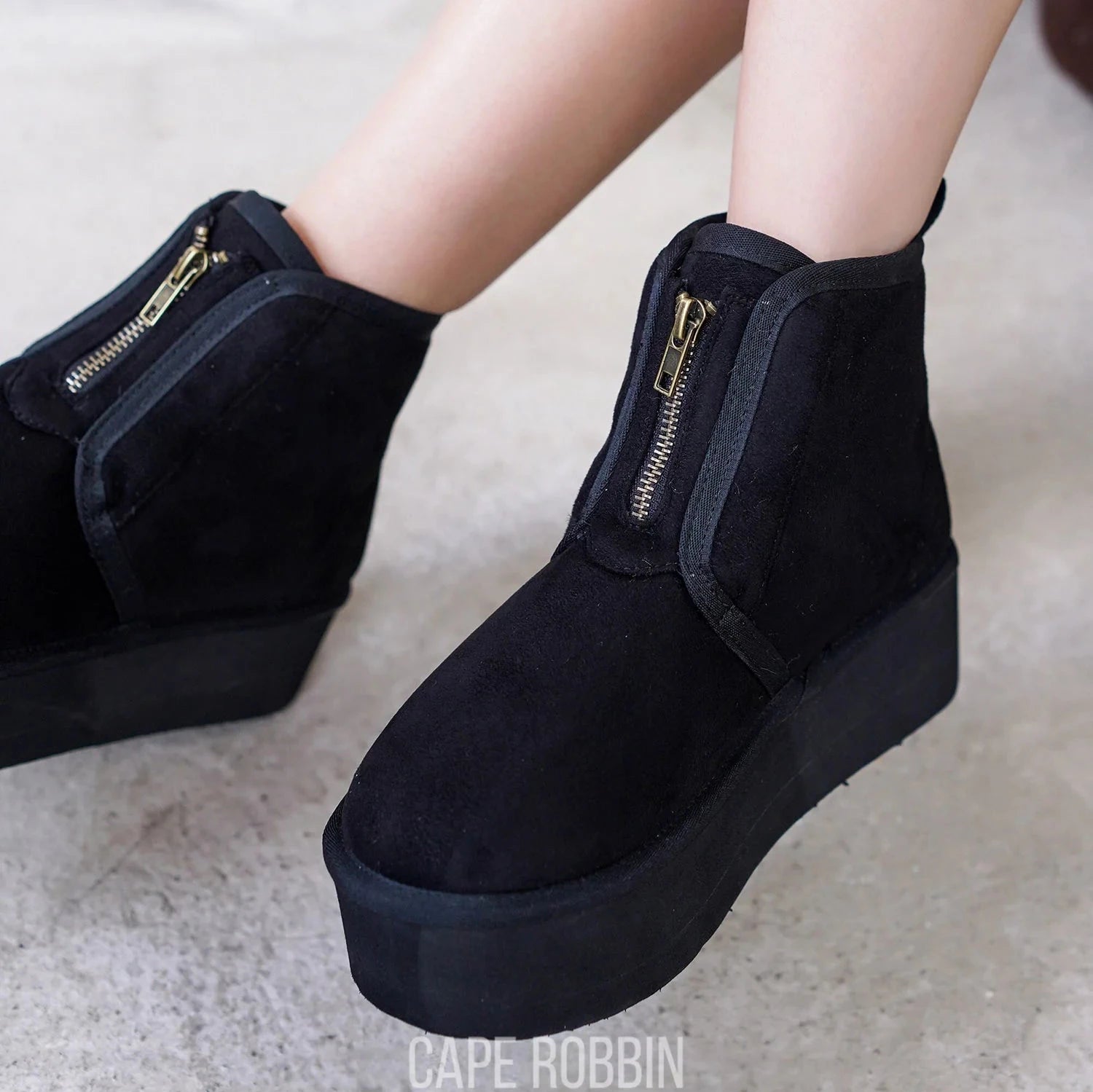 women's booties with western vibeMIANE Black Faux Suede Zip Up Bootie - Faux Fur Lining