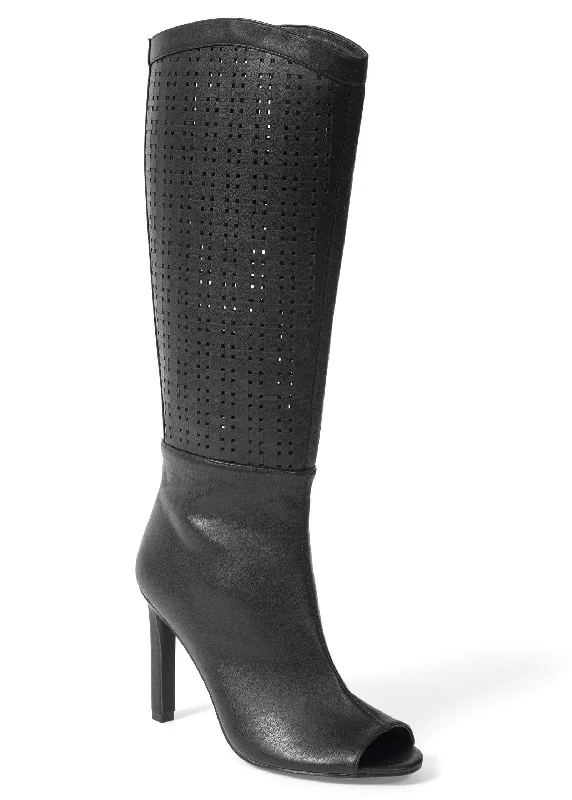 women's booties for springLaser Cut Faux Suede Boots  - Black