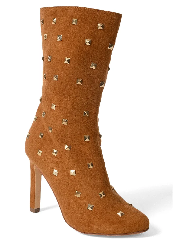 women's winter bootiesFaux Suede Studded Boots - Cognac