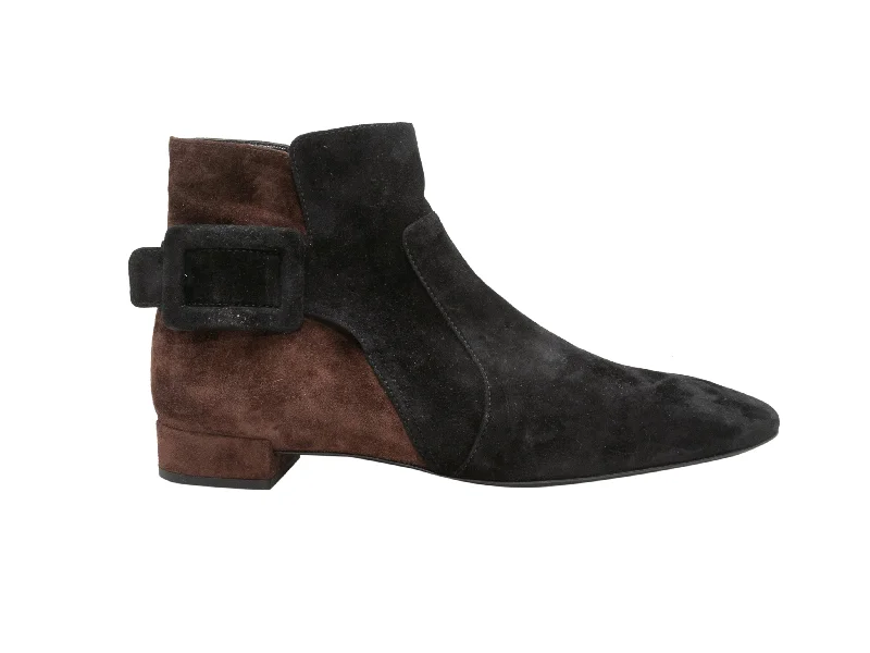 women's flat bootiesBlack & Brown Roger Vivier Suede Ankle Boots Size 40