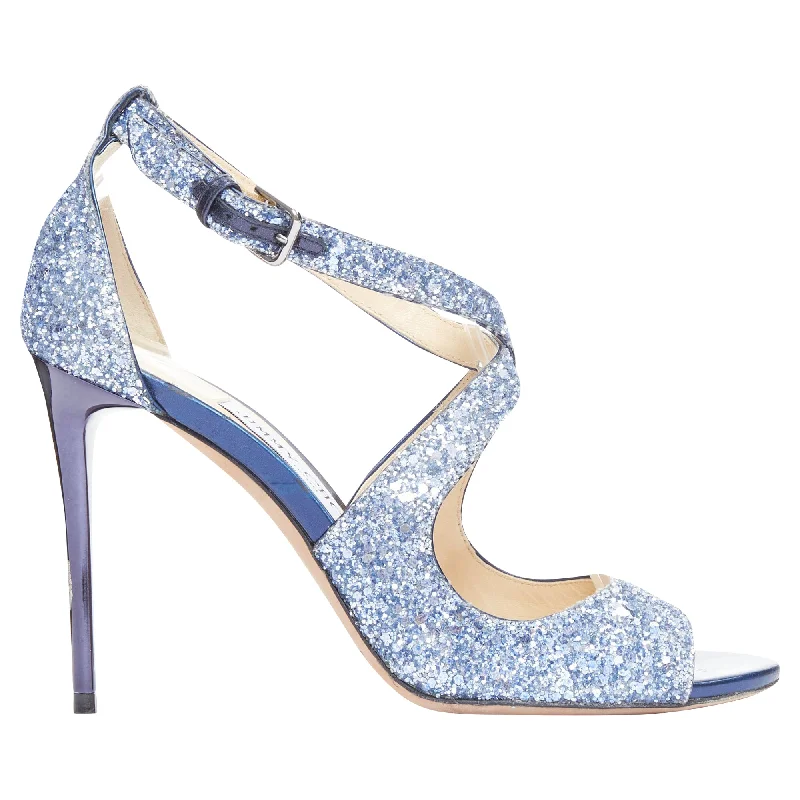 Women's metallic leather stiletto heel pumps with a reflective surfaceJimmy Choo Emily blue glitter crisscross strap open toe sandals
