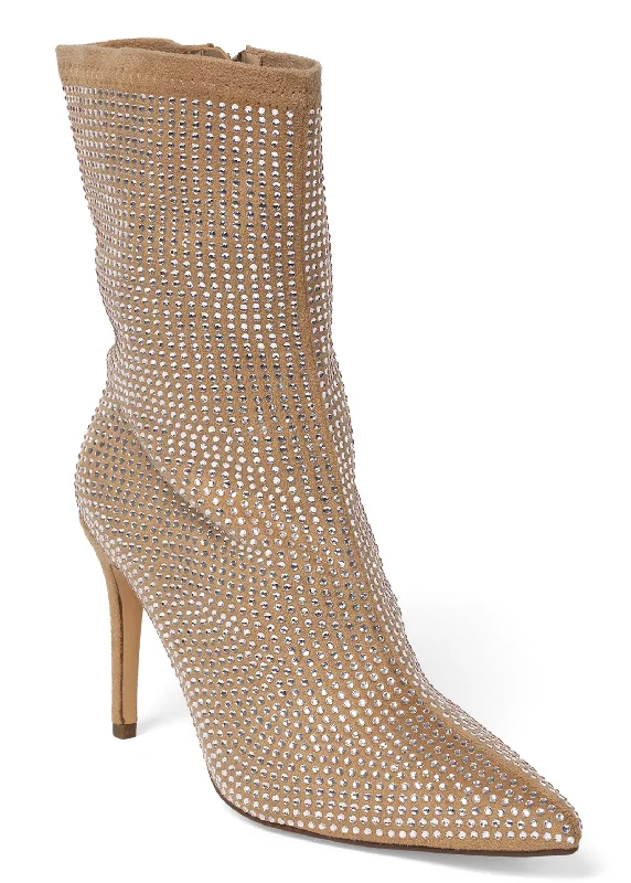women's booties with fringeRhinestone Heeled Booties - Camel