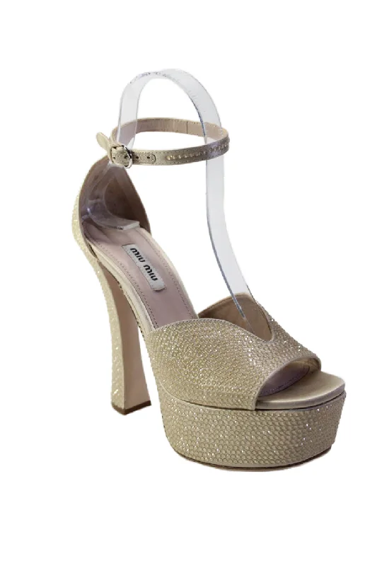Women's brocade stiletto heel pumps with a vintage feelMiu Miu Womens Crystal Detail Open Toe Ankle Strap Platform Heels Tan