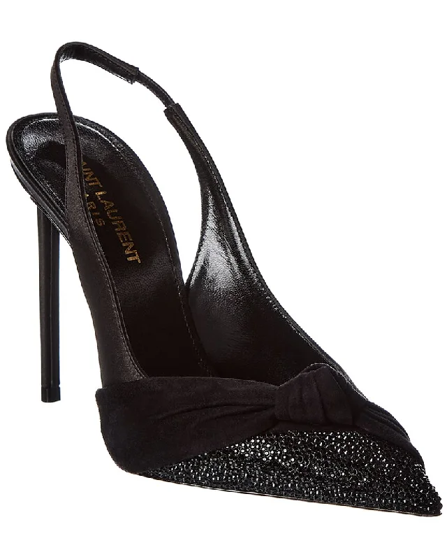 Women's lace - trimmed stiletto heel pumps with a scalloped edgeSaint Laurent Zoe 105 Satin & Suede Slingback Pump