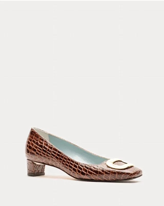 Women's mesh - paneled stiletto heel pumps for breathabilityMary Mini Block Heel Croc Embrossed In Brown Women's mesh - paneled stiletto heel pumps for breathabilityMary Mini Block Heel Croc Embrossed In Brown