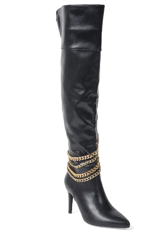 women's booties with floral designChain High Heel Boots - Black