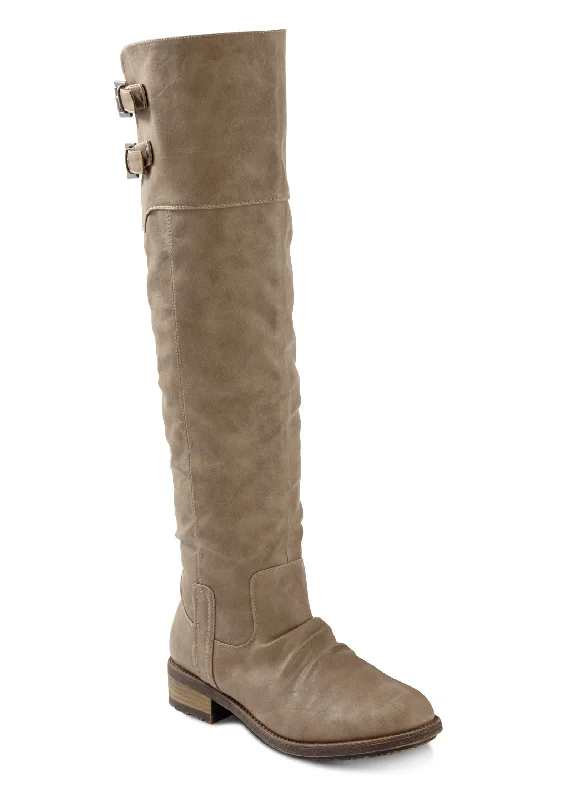 women's booties with ankle strapBuckle Knee-High Boots - Taupe