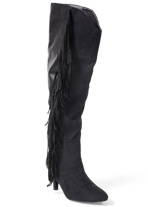 women's booties with pointed toeFaux-Suede Fringe Boots - Black