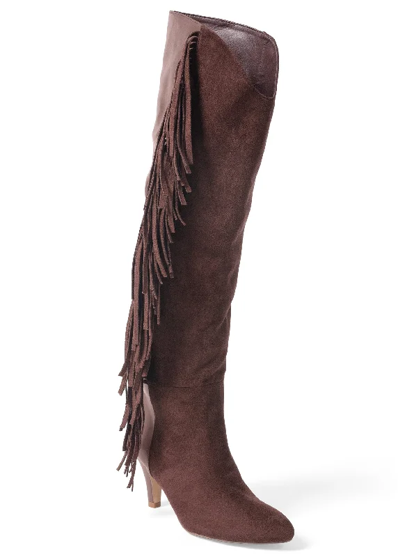 women's booties with fringeFaux-Suede Fringe Boots - Brown