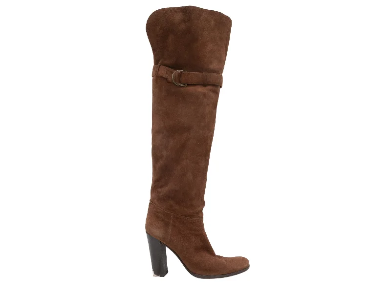 women's booties with fringeBrown Sergio Rossi Knee-High Suede Boots Size 39.5