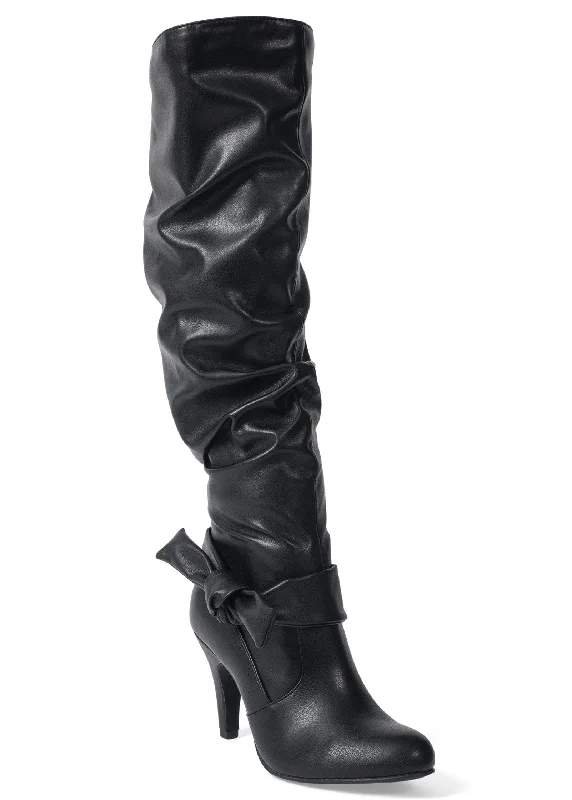 women's booties with metallic finishSlouchy High Heel Bow Boots - Black