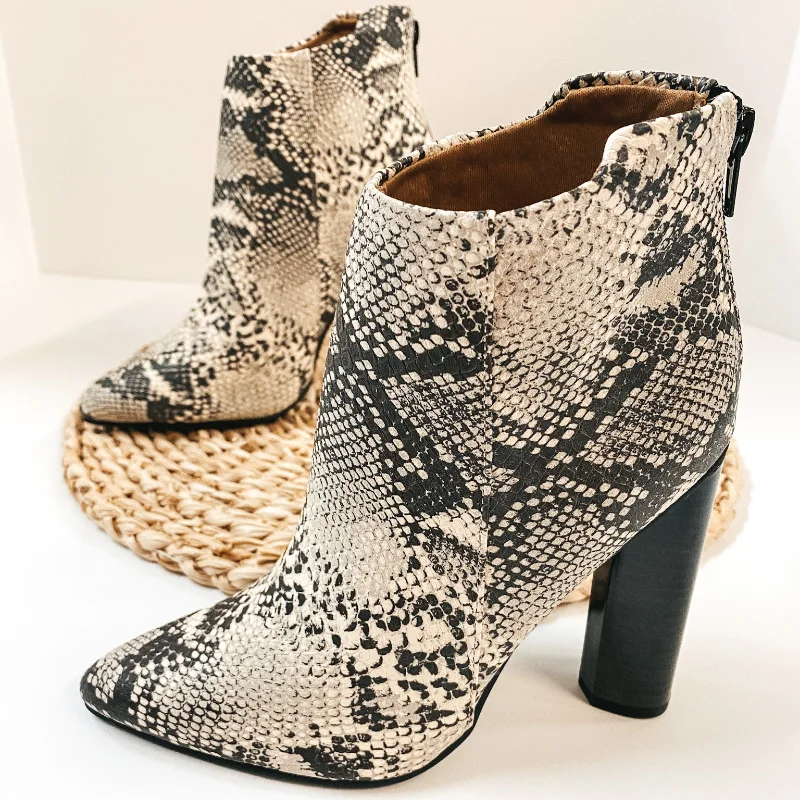 women's booties with metallic finishLast Chance Size 6 & 7 | Downtown Dreamer Heeled Ankle Booties in Snake Print women's booties with metallic finishLast Chance Size 6 & 7 | Downtown Dreamer Heeled Ankle Booties in Snake Print