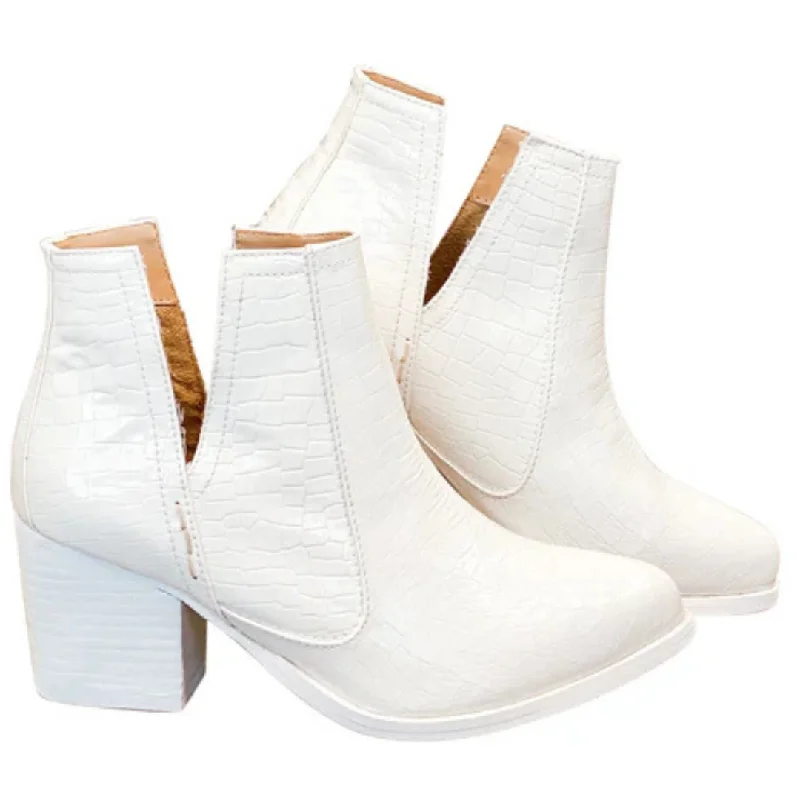 women's booties with velvetOnline Exclusive | Tarim Bootie in White Faux Crocodile