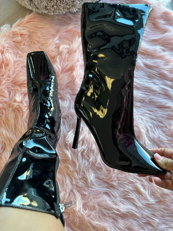 women's booties for dancingLUCIENE Black Faux Patent Leather Boot - Inner Zipper Closure women's booties for dancingLUCIENE Black Faux Patent Leather Boot - Inner Zipper Closure