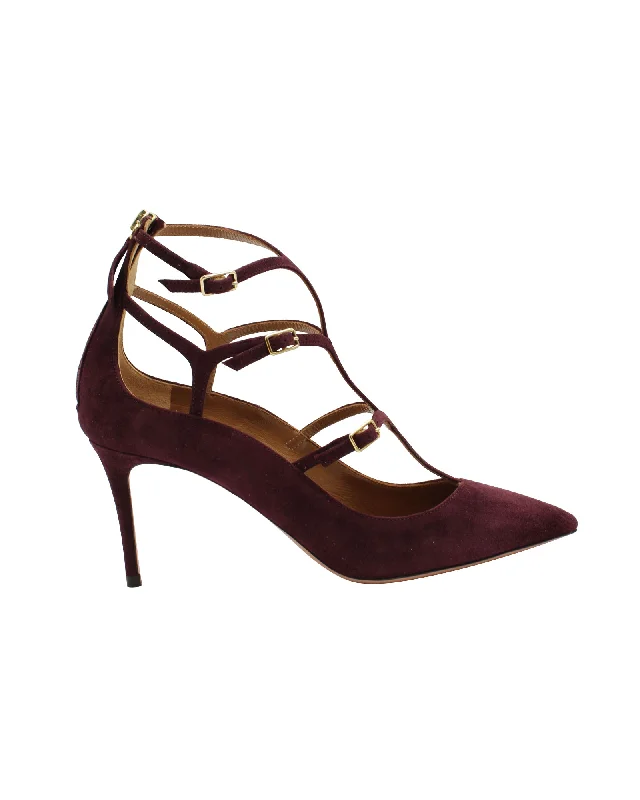 Women's pointed - toe slingback stiletto heel pumps in a peep - toe designAquazzura Eternity Strappy Pumps in Maroon Suede Women's pointed - toe slingback stiletto heel pumps in a peep - toe designAquazzura Eternity Strappy Pumps in Maroon Suede