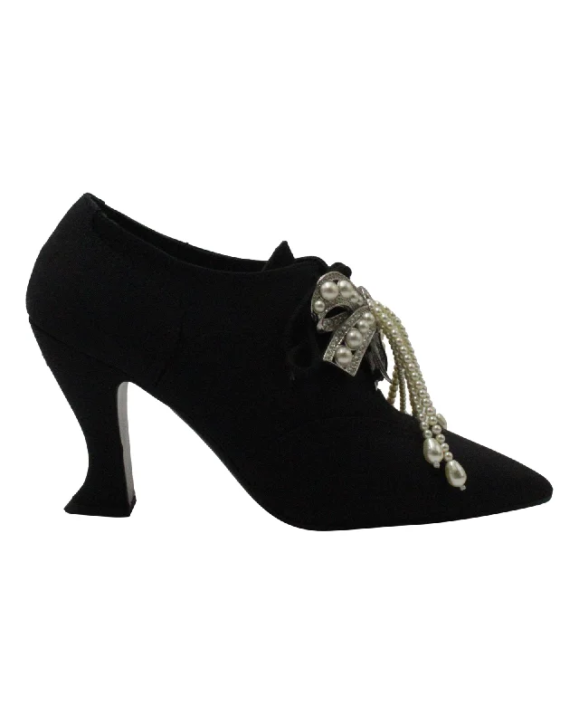 women's heeled bootiesChanel Lace-Up Pearl Bow Boots in Black Satin