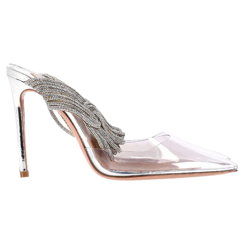Women's strappy open - toe stiletto heel pumps with rhinestonesAquazzura Instinct 75 Embellished Pumps in Silver Leather and PVC Women's strappy open - toe stiletto heel pumps with rhinestonesAquazzura Instinct 75 Embellished Pumps in Silver Leather and PVC