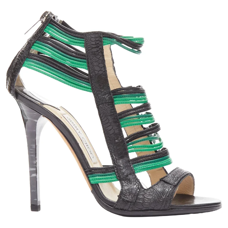 Women's stretchy stiletto heel pumps for easy on and offJimmy Choo Corsica striped wire leather caged heel sandal