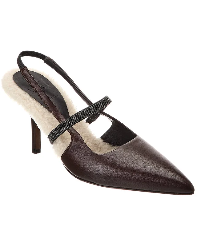 Women's lace - trimmed stiletto heel pumps with a scalloped edgeBrunello Cucinelli Leather & Shearling Slingback Pump Women's lace - trimmed stiletto heel pumps with a scalloped edgeBrunello Cucinelli Leather & Shearling Slingback Pump