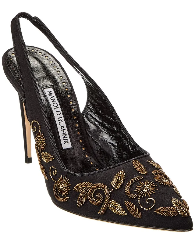 Women's holiday party stiletto heel pumps with a festive touchManolo Blahnik Wilfreda 105 Silk Slingback Pump Women's holiday party stiletto heel pumps with a festive touchManolo Blahnik Wilfreda 105 Silk Slingback Pump