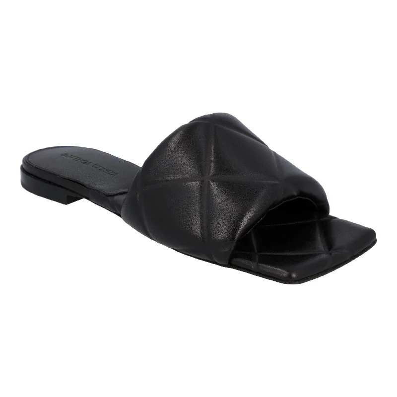 Women's Ankle - Strap Sandals with a Block Heel in Red for a Sophisticated StyleBottega Veneta Women Rubber Lido Flat Sandal in Black Lambskin