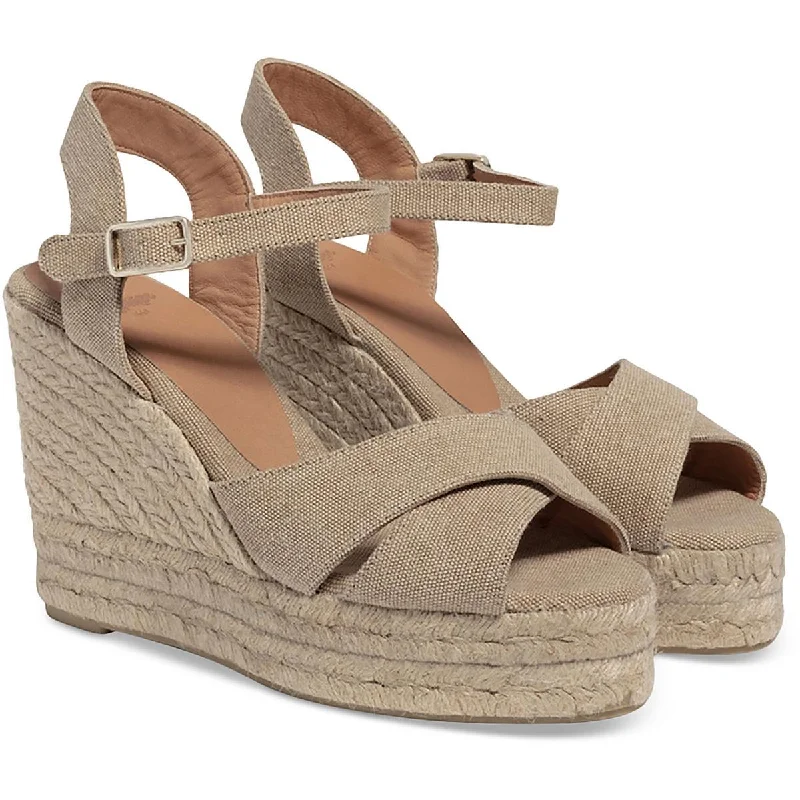Sustainable Women's Recycled Material Sandals in Beige for Eco - Conscious ShoppersCastaner Womens Carina Canvas Ankle Wrap Wedge Sandals